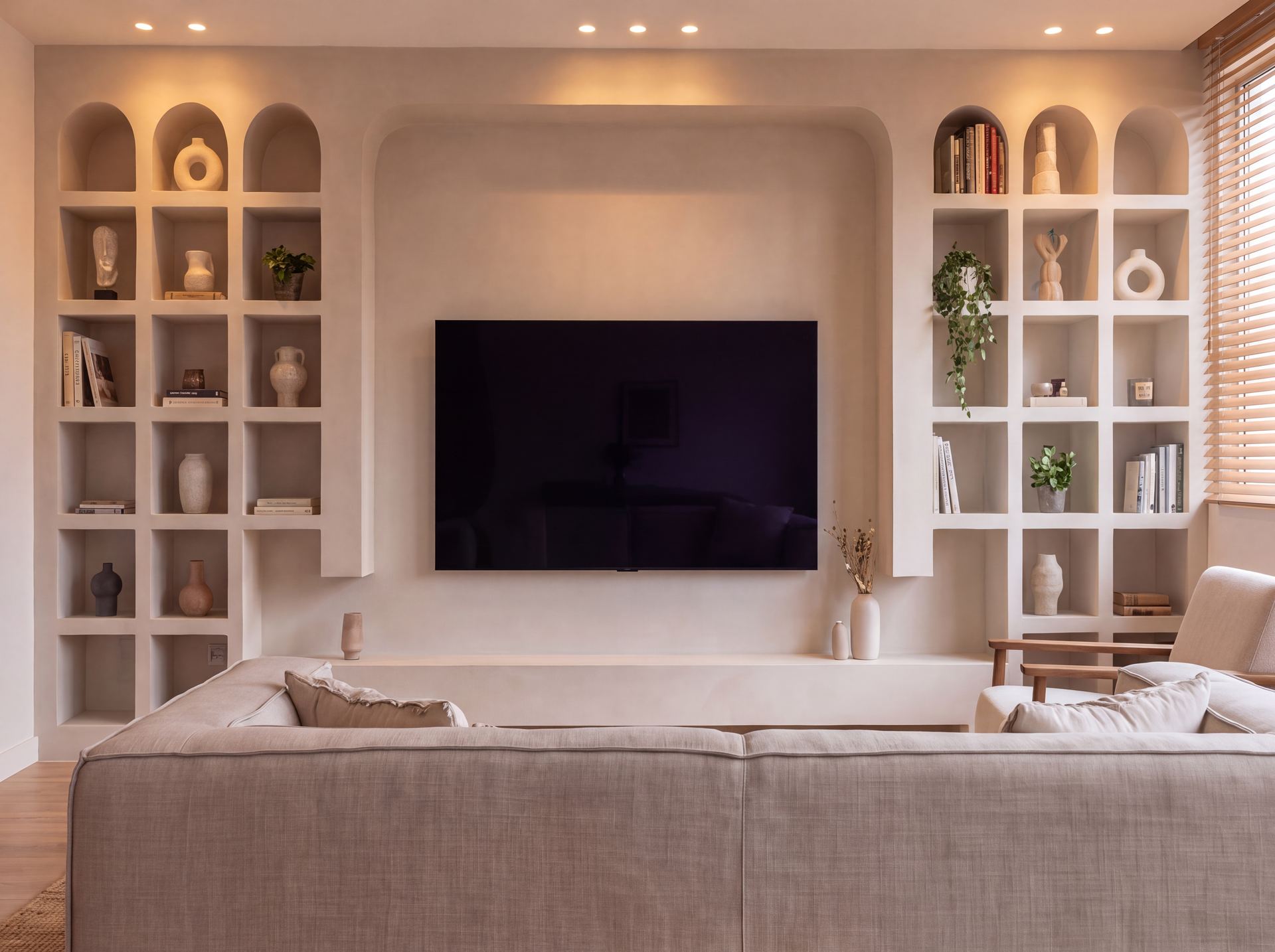 Salón con paredes y estanterías de microcemento beige