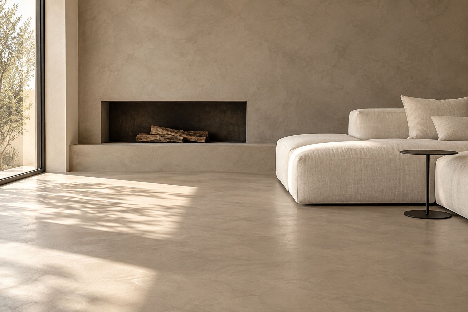 Salón con suelo y pared de microcemento continuo de grano medio