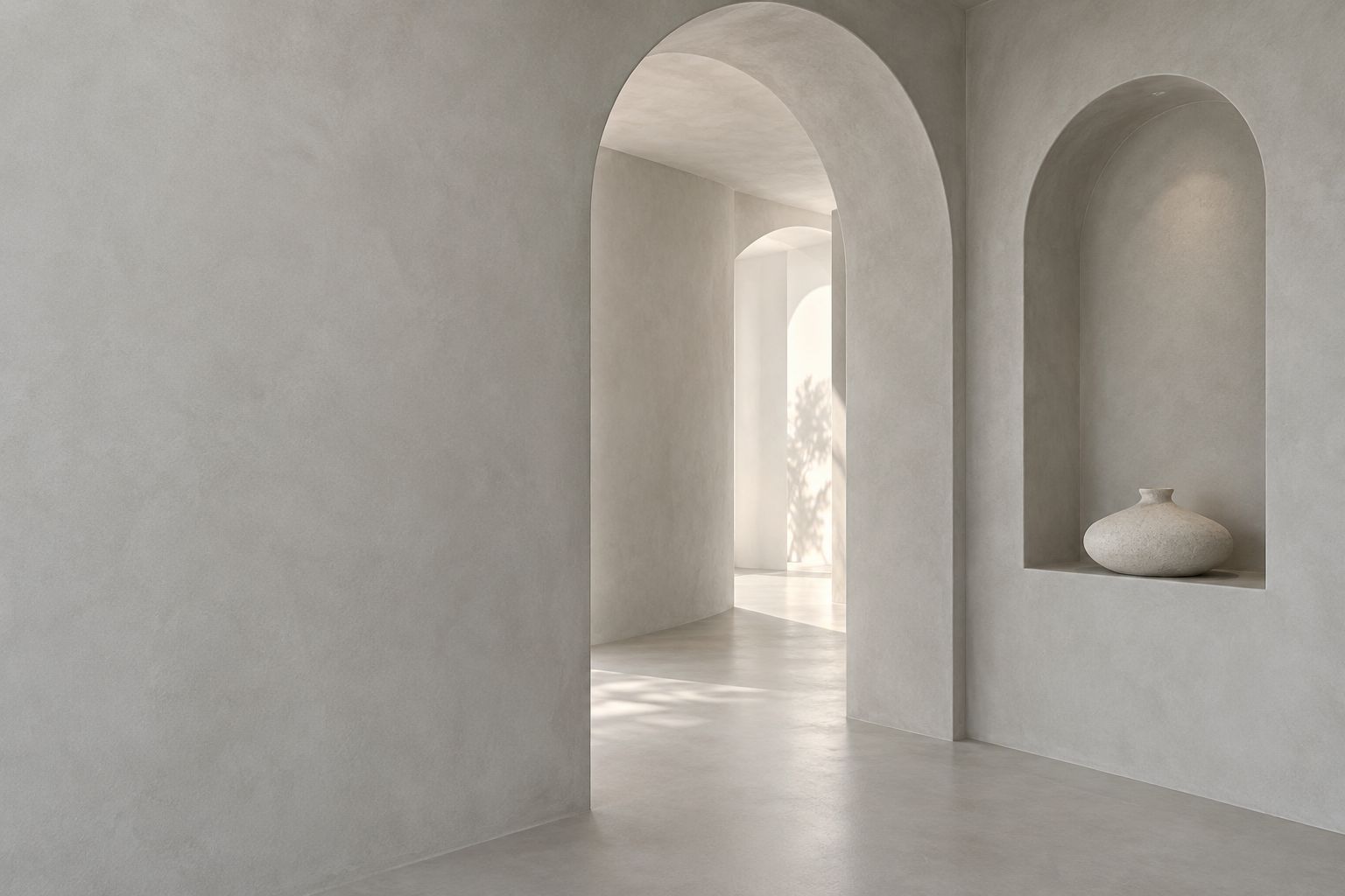 Arcos revestidos en microcemento estuco de grano fino color perla