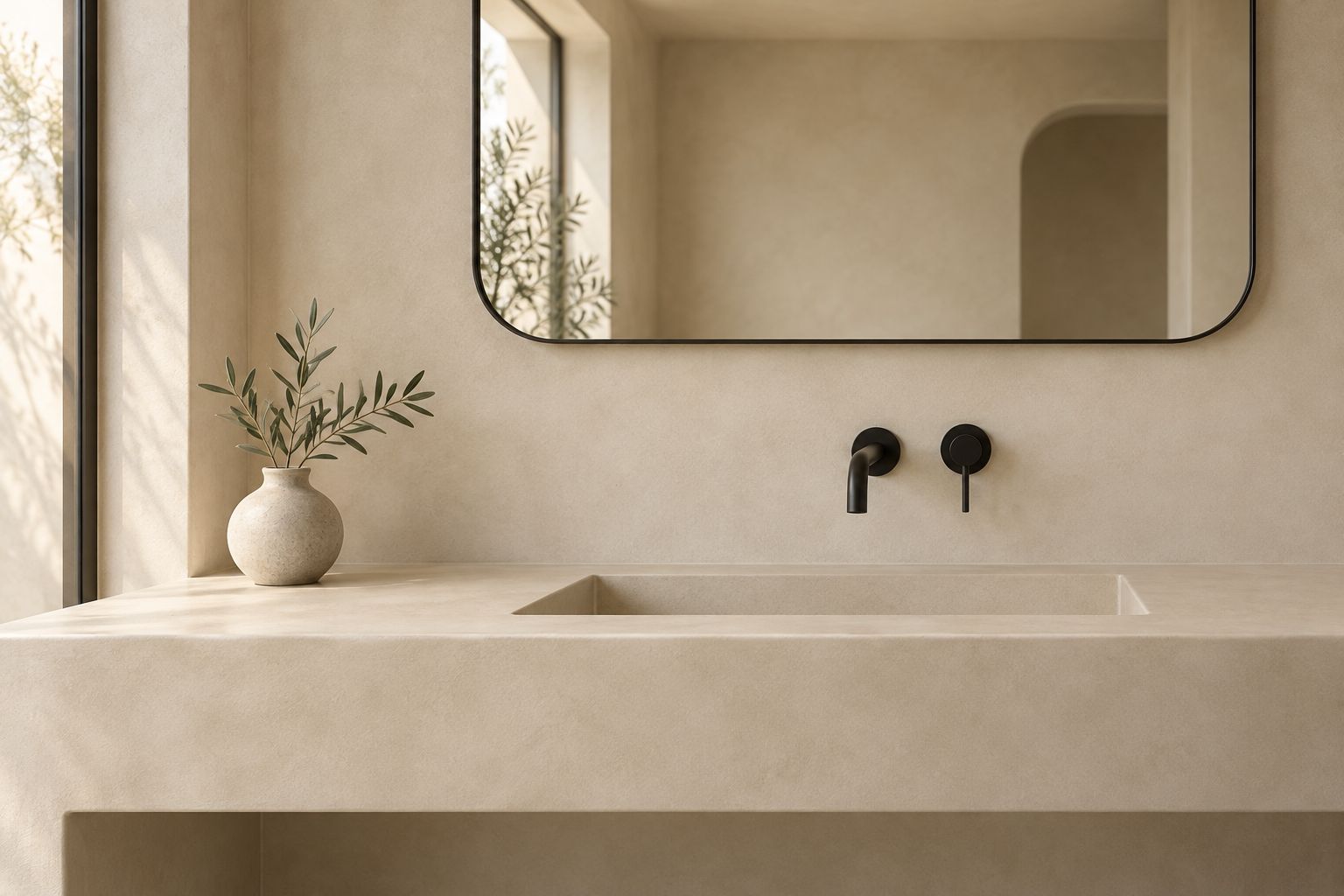 Baño con lavabo integrado de microcemento estuco de grano fino